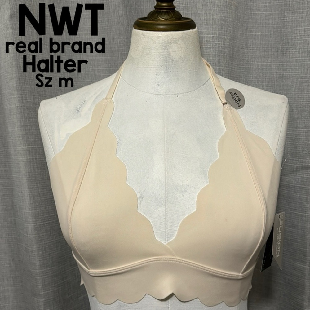 NWT Halter Bra with Scalloped Edge Detail-Adjustable Neck-Pink-Sz M